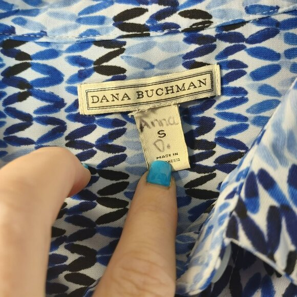 Dana Buchman Blue & Black Abstract Short Sleeve Button-Up Blouse S 100% Polyeste - Picture 6 of 10